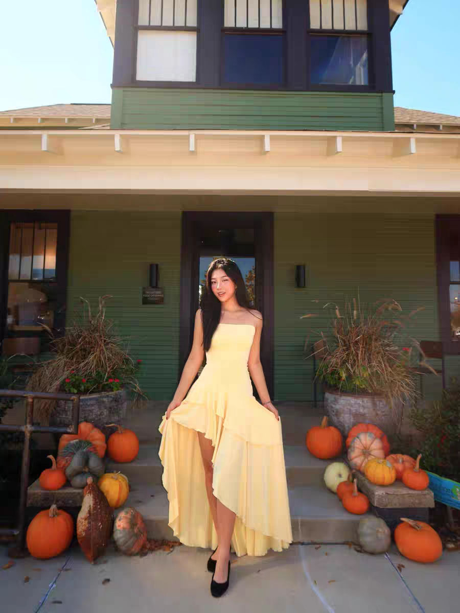 Strapless Yellow Satin Asymmetrical Layered Pleats Party Homecoming Dress AS507