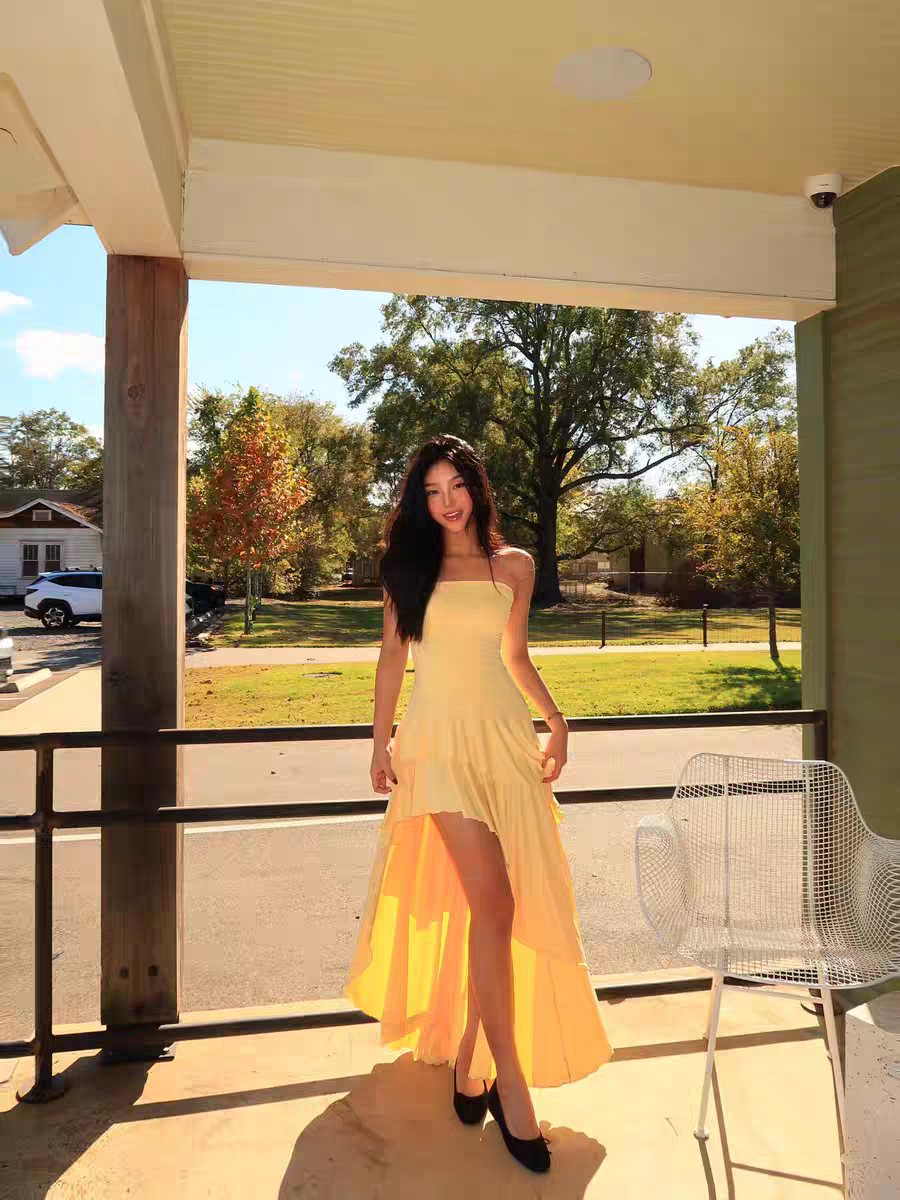 Strapless Yellow Satin Asymmetrical Layered Pleats Party Homecoming Dress AS507