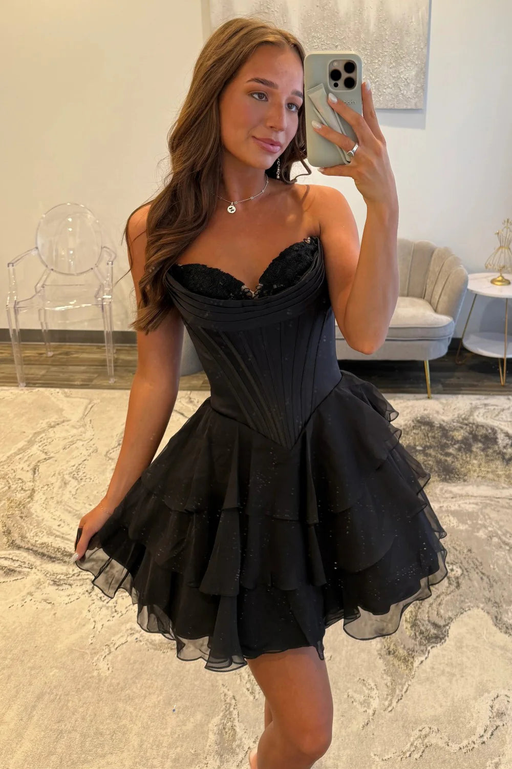 Cute A-Line Corset Sweetheart Ruffled Homecoming Dress With Lace Detail AS508