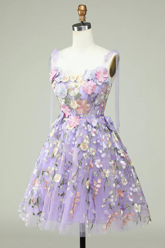 Whimsical Lavender Floral Embroidered Short Homecoming Dress With Bow Straps AS509