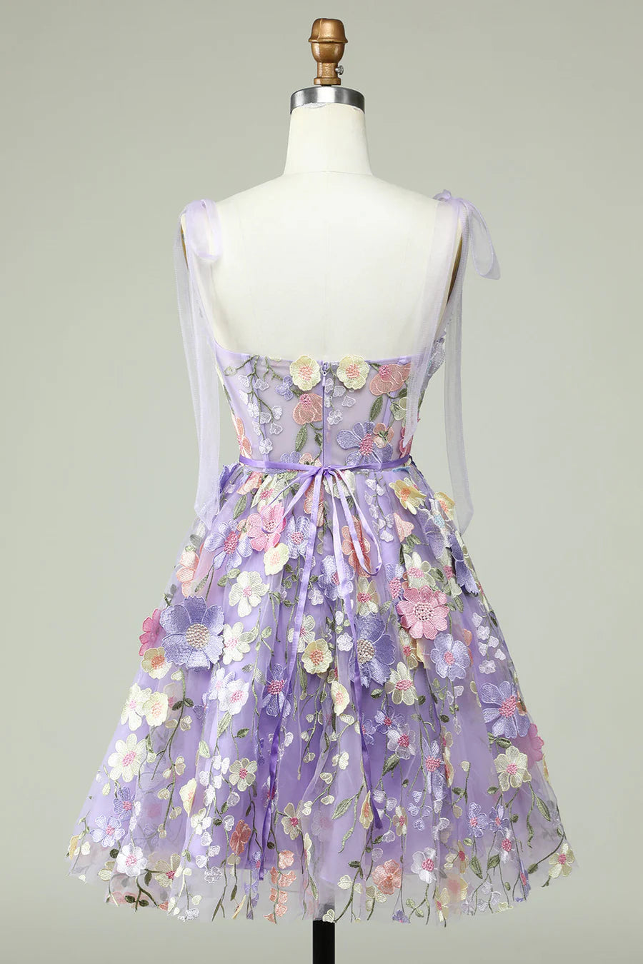 Whimsical Lavender Floral Embroidered Short Homecoming Dress With Bow Straps AS509