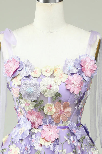 Whimsical Lavender Floral Embroidered Short Homecoming Dress With Bow Straps AS509