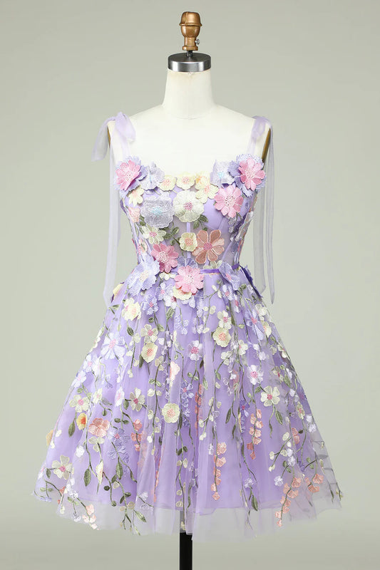 Whimsical Lavender Floral Embroidered Short Homecoming Dress With Bow Straps AS509
