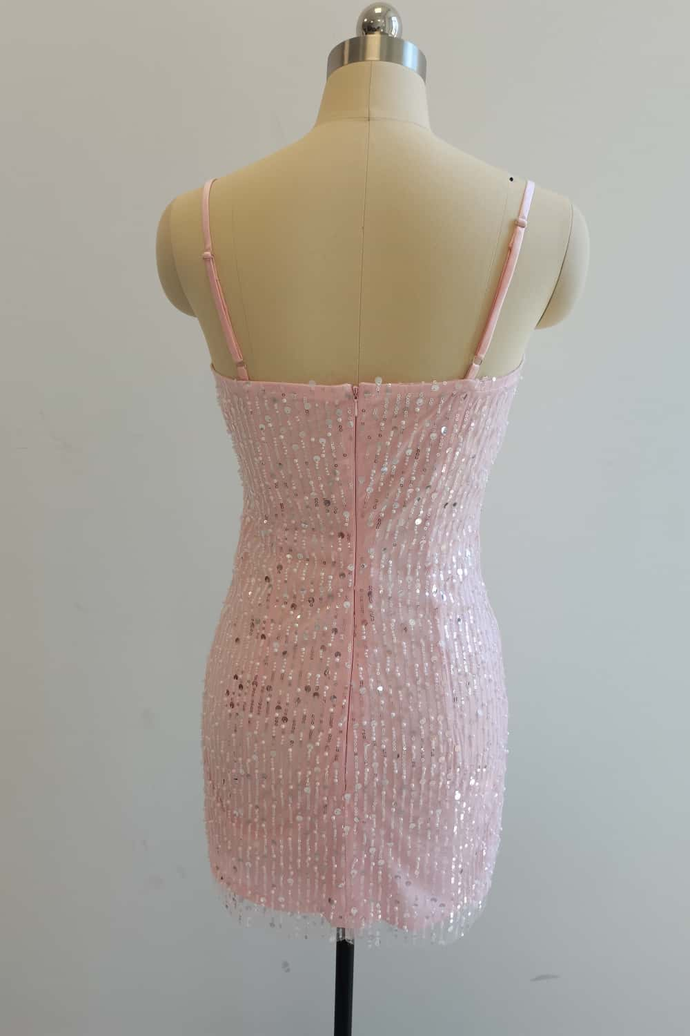 Sparkly Light Pink Spaghetti Straps Bodycon Beaded Homecoming Dress AS511