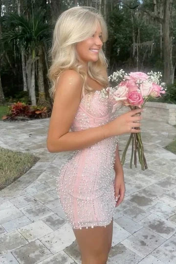 Sparkly Light Pink Spaghetti Straps Bodycon Beaded Homecoming Dress AS511