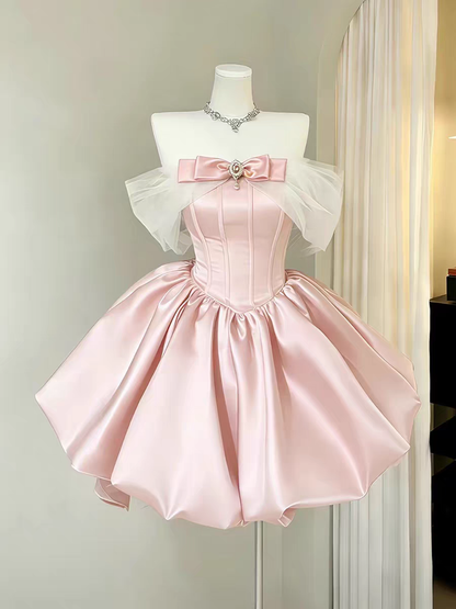 Hot Sale Regal Off‑The‑Shoulder Satin Puffy Mini Homecoming Dress With Bow AS512