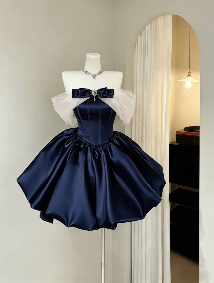 Hot Sale Regal Off‑The‑Shoulder Satin Puffy Mini Homecoming Dress With Bow AS512