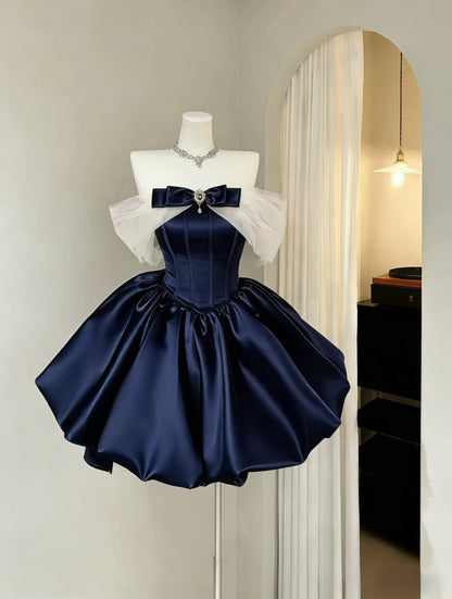 Hot Sale Regal Off‑The‑Shoulder Satin Puffy Mini Homecoming Dress With Bow AS512