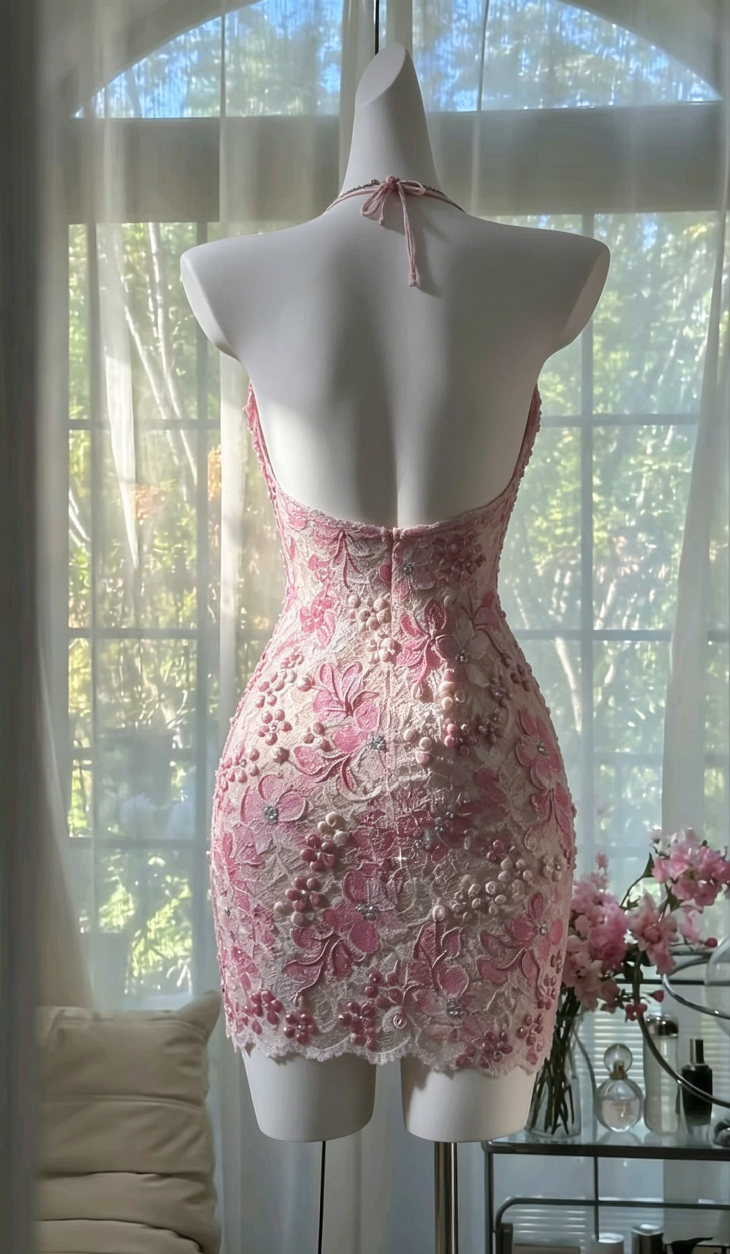 Romantic Bodycon Halter V‑Neck Mini Homecoming Dress With Pearl Beading And Floral Lace Detail AS514