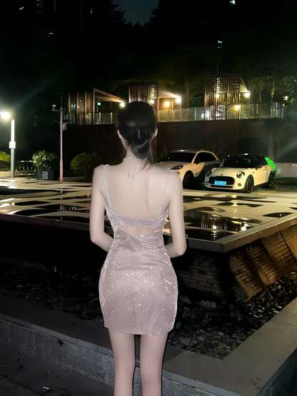 Sparkly Spaghetti Straps Bodycon Mini Homecoming Dress With Cutout Design AS517