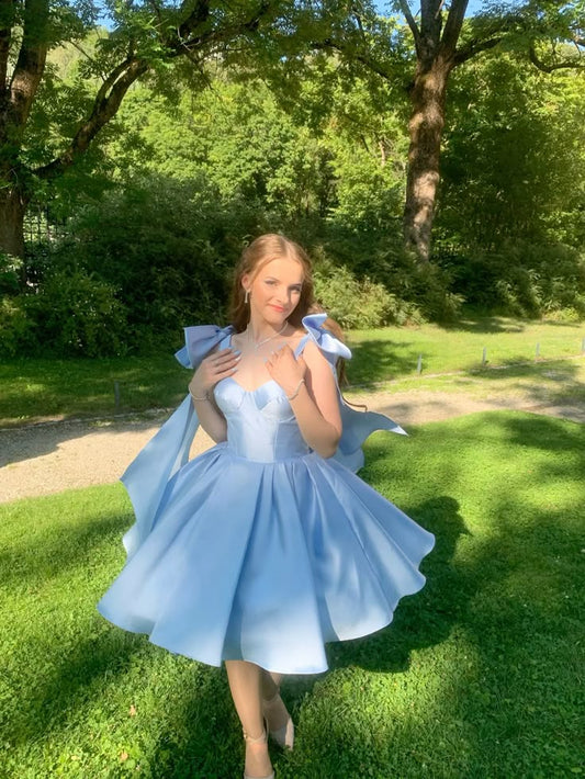 Romantic Blue Straps A Line Satin Homecoming Dress With Oversized Shoulder Bows AS520