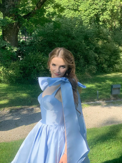 Romantic Blue Straps A Line Satin Homecoming Dress With Oversized Shoulder Bows AS520