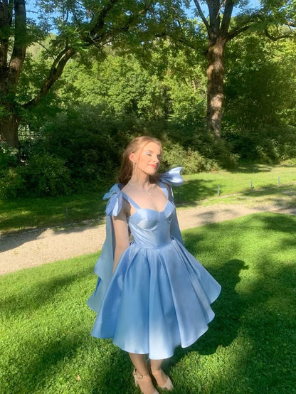 Romantic Blue Straps A Line Satin Homecoming Dress With Oversized Shoulder Bows AS520