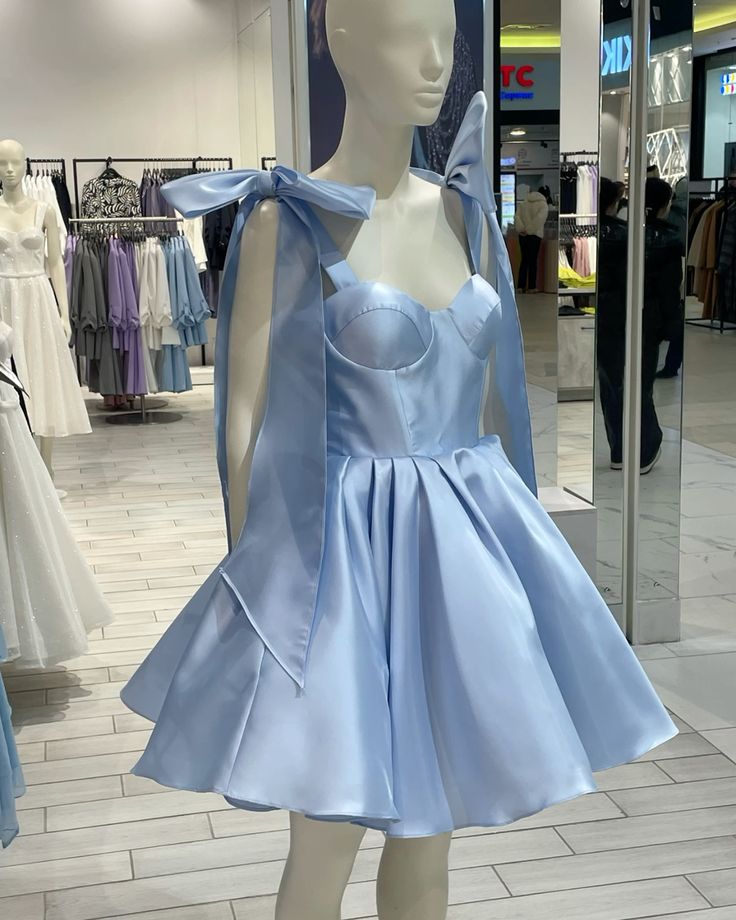Romantic Blue Straps A Line Satin Homecoming Dress With Oversized Shoulder Bows AS520
