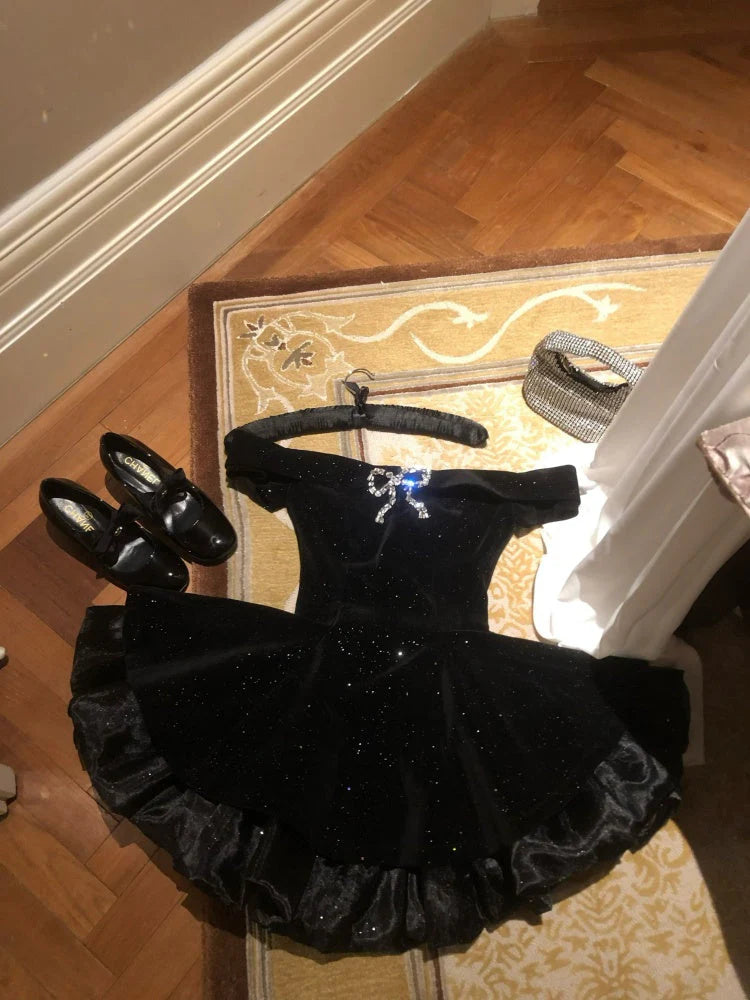Sparkly Off‑The‑Shoulder A Line Mini Homecoming Dress With Rhinestone Bow AS521