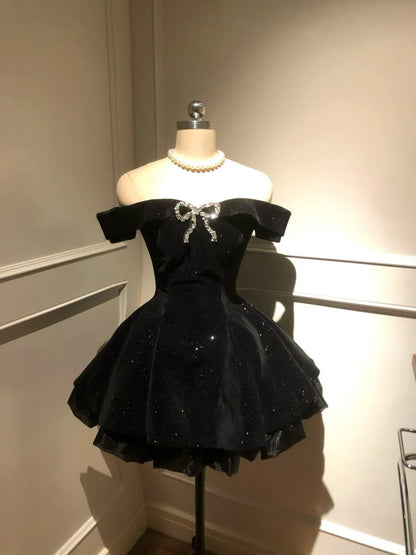 Sparkly Off‑The‑Shoulder A Line Mini Homecoming Dress With Rhinestone Bow AS521