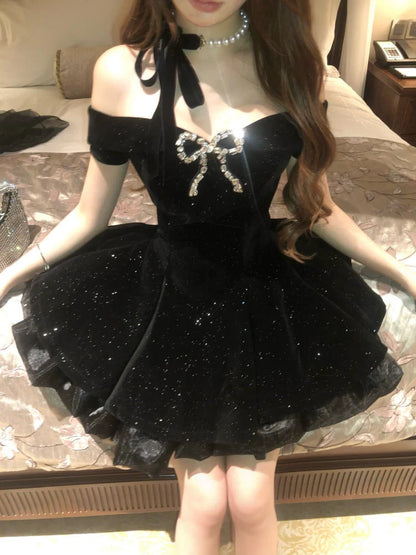 Sparkly Off‑The‑Shoulder A Line Mini Homecoming Dress With Rhinestone Bow AS521