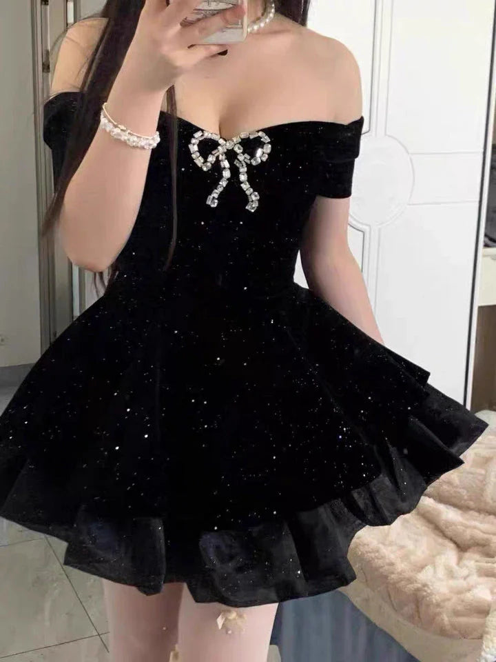 Sparkly Off‑The‑Shoulder A Line Mini Homecoming Dress With Rhinestone Bow AS521