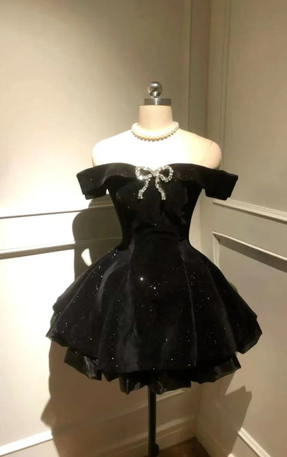 Sparkly Off‑The‑Shoulder A Line Mini Homecoming Dress With Rhinestone Bow AS521
