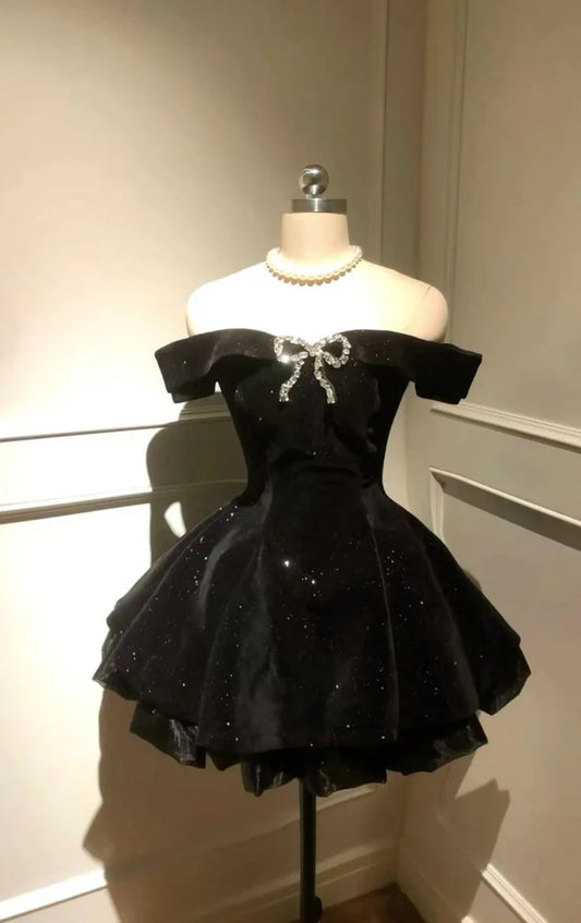 Sparkly Off‑The‑Shoulder A Line Mini Homecoming Dress With Rhinestone Bow AS521