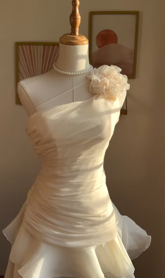 Elegant White One‑Shoulder Asymmetrical Ruffled Short Homecoming Dress With 3D Floral Shoulder Detail AS522
