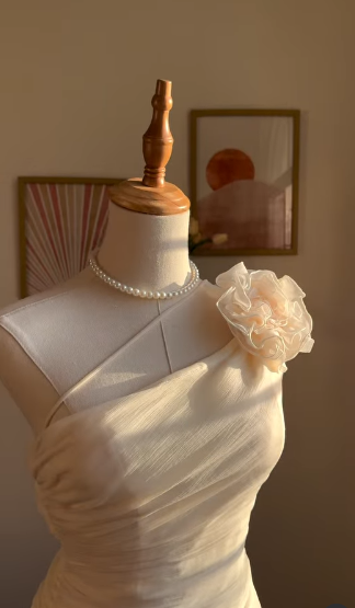 Elegant White One‑Shoulder Asymmetrical Ruffled Short Homecoming Dress With 3D Floral Shoulder Detail AS522