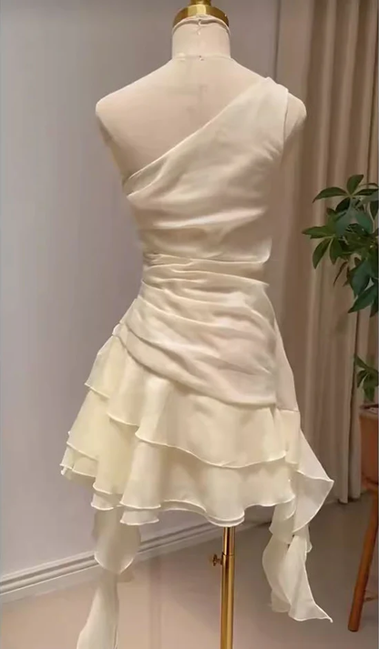 Elegant White One‑Shoulder Asymmetrical Ruffled Short Homecoming Dress With 3D Floral Shoulder Detail AS522