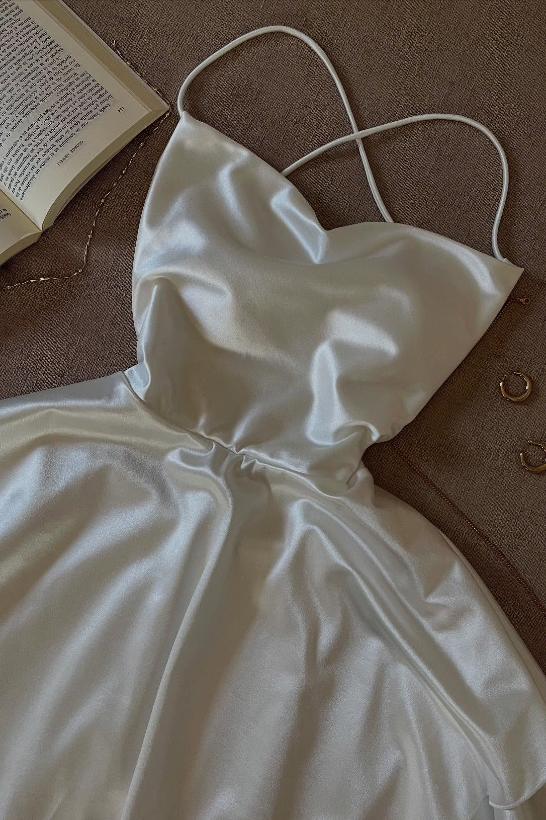 Chic White Satin Spaghetti Straps Crisscross Tie‑Up Back A Line Mini Homecoming Dress AS523