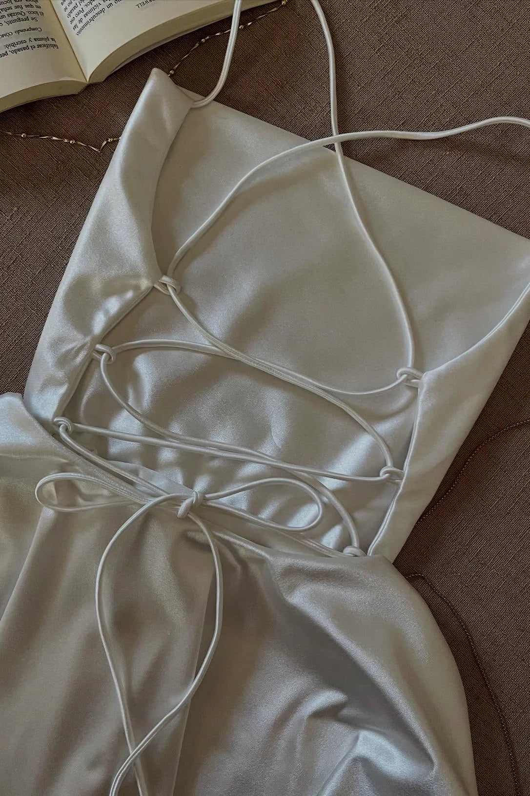 Chic White Satin Spaghetti Straps Crisscross Tie‑Up Back A Line Mini Homecoming Dress AS523