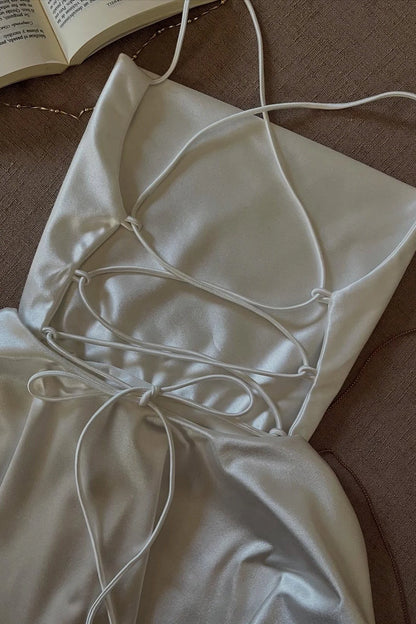 Chic White Satin Spaghetti Straps Crisscross Tie‑Up Back A Line Mini Homecoming Dress AS523