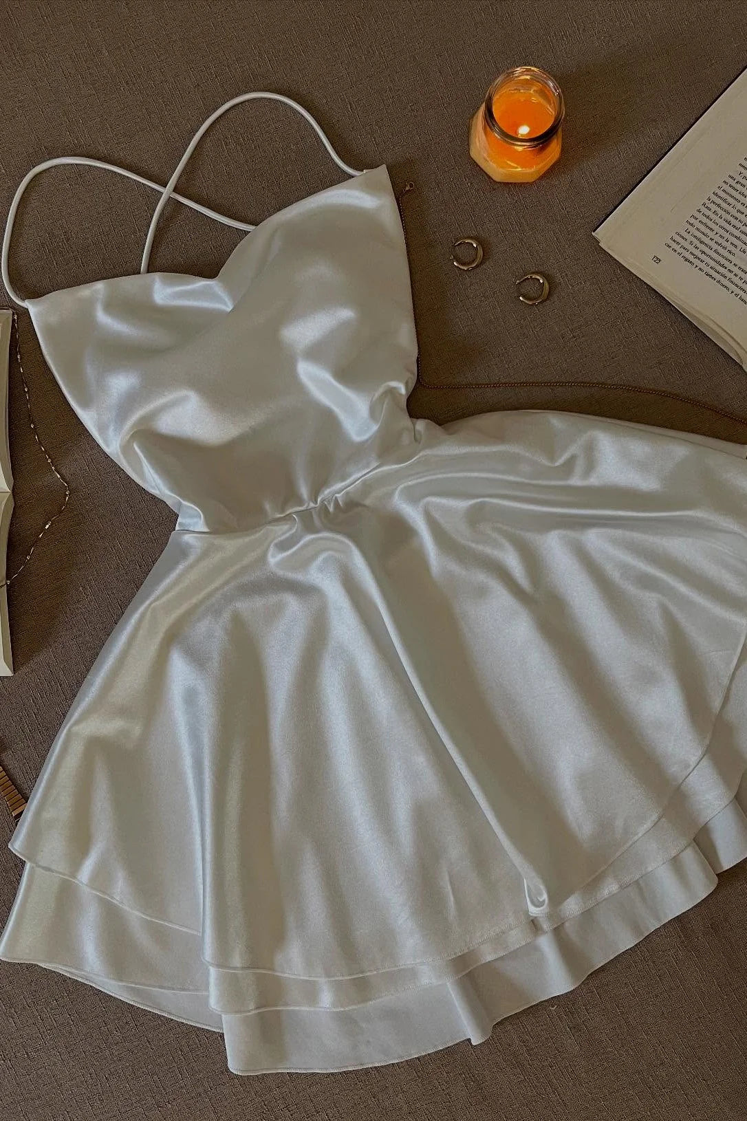 Chic White Satin Spaghetti Straps Crisscross Tie‑Up Back A Line Mini Homecoming Dress AS523