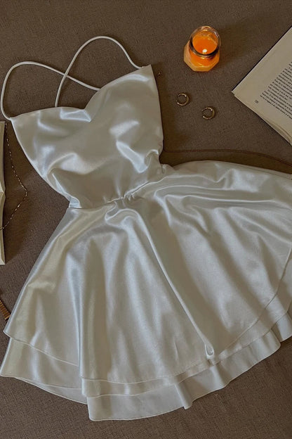 Chic White Satin Spaghetti Straps Crisscross Tie‑Up Back A Line Mini Homecoming Dress AS523