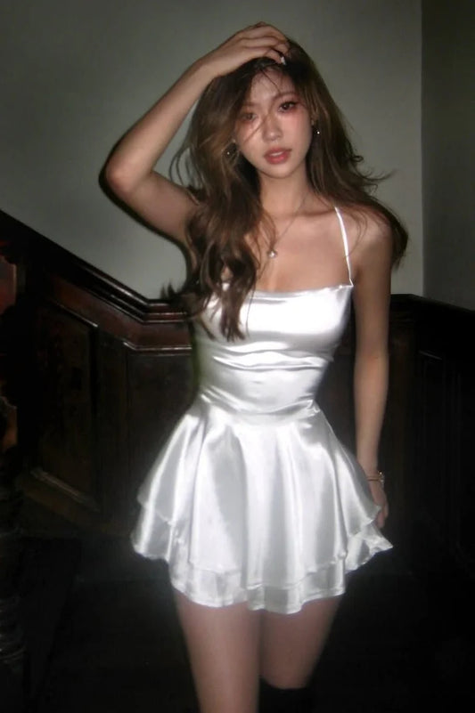 Chic White Satin Spaghetti Straps Crisscross Tie‑Up Back A Line Mini Homecoming Dress AS523