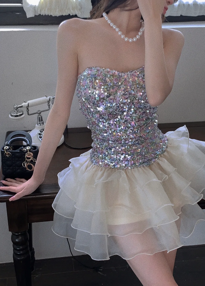 Sparkly Strapless Mini Homecoming Dress With Sequin Corset Bodice & Layered Ruffle Tulle Skirt AS524