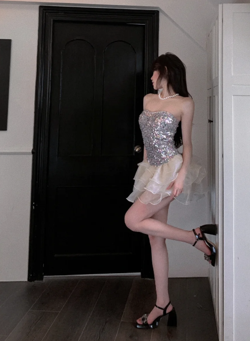 Sparkly Strapless Mini Homecoming Dress With Sequin Corset Bodice & Layered Ruffle Tulle Skirt AS524