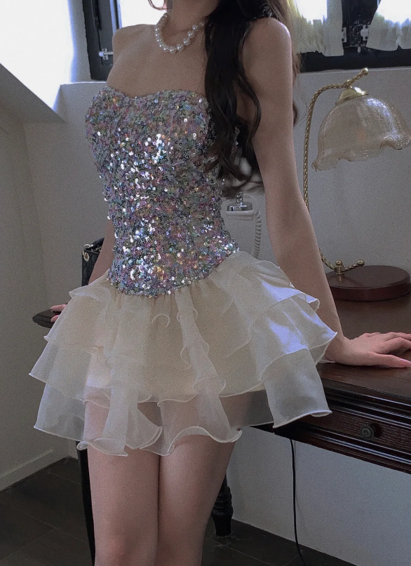 Sparkly Strapless Mini Homecoming Dress With Sequin Corset Bodice & Layered Ruffle Tulle Skirt AS524