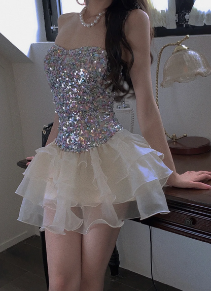 Sparkly Strapless Mini Homecoming Dress With Sequin Corset Bodice & Layered Ruffle Tulle Skirt AS524