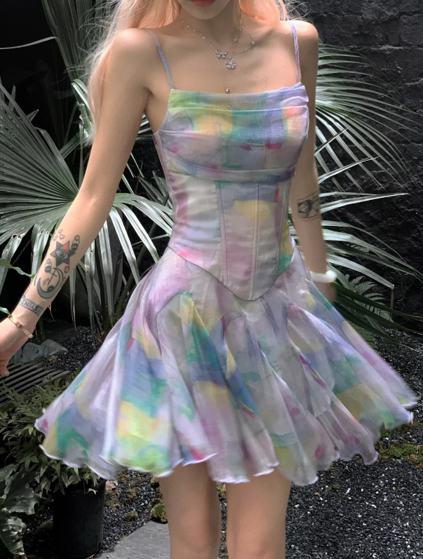 Dreamy Colorful Print Spaghetti Straps Corset Mini Homecoming Dress AS525