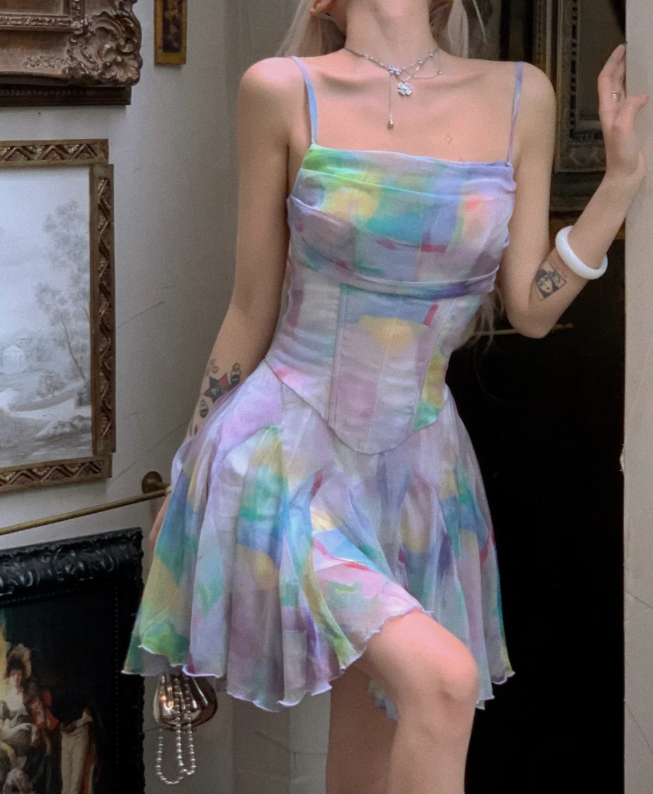 Dreamy Colorful Print Spaghetti Straps Corset Mini Homecoming Dress AS525