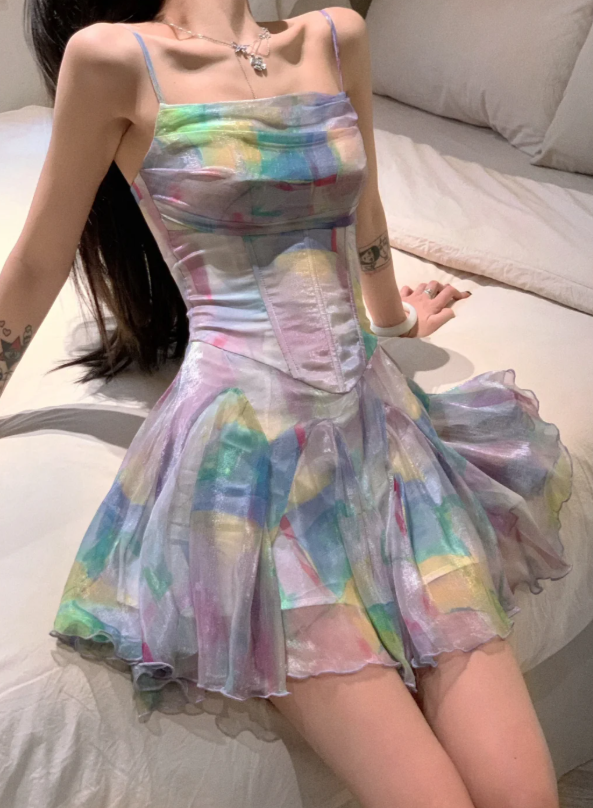 Dreamy Colorful Print Spaghetti Straps Corset Mini Homecoming Dress AS525