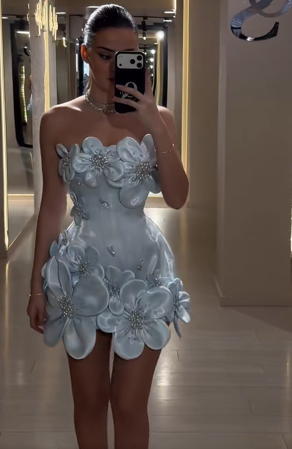 Luxurious Satin Light Blue Strapless Sheath With 3D Floral And Beaded Appliques AS527