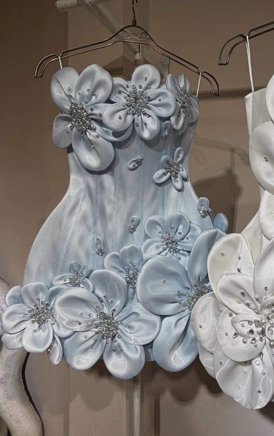 Luxurious Satin Light Blue Strapless Sheath With 3D Floral And Beaded Appliques AS527