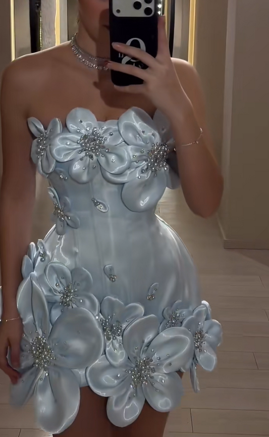 Luxurious Satin Light Blue Strapless Sheath With 3D Floral And Beaded Appliques AS527