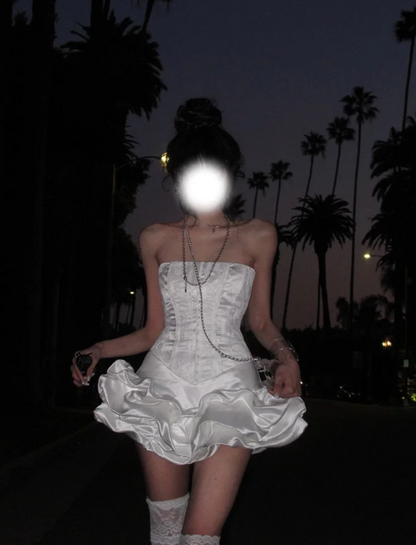 Edgy White Satin Strapless Bodycon Party Dress With Bubble Skirt & Long Back Ruffle Tail Homecoming Dress AS528