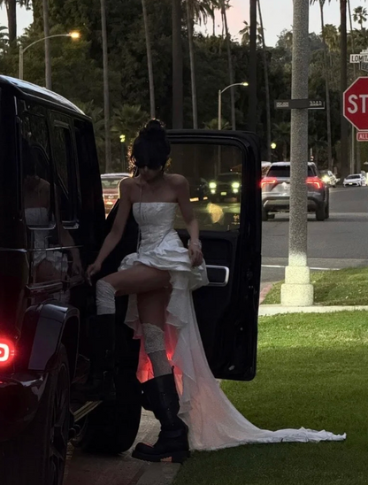 Edgy White Satin Strapless Bodycon Party Dress With Bubble Skirt & Long Back Ruffle Tail Homecoming Dress AS528