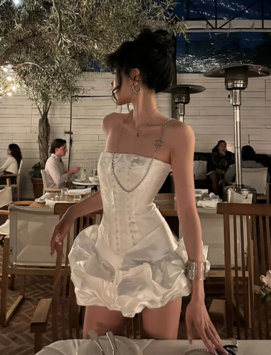 Edgy White Satin Strapless Bodycon Party Dress With Bubble Skirt & Long Back Ruffle Tail Homecoming Dress AS528