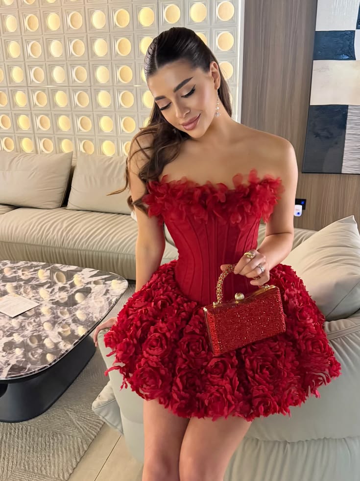 Chic Red Strapless Corset Bodice Homecoming Dress With Feather Neckline And 3D Rose Floral Skirt AS530
