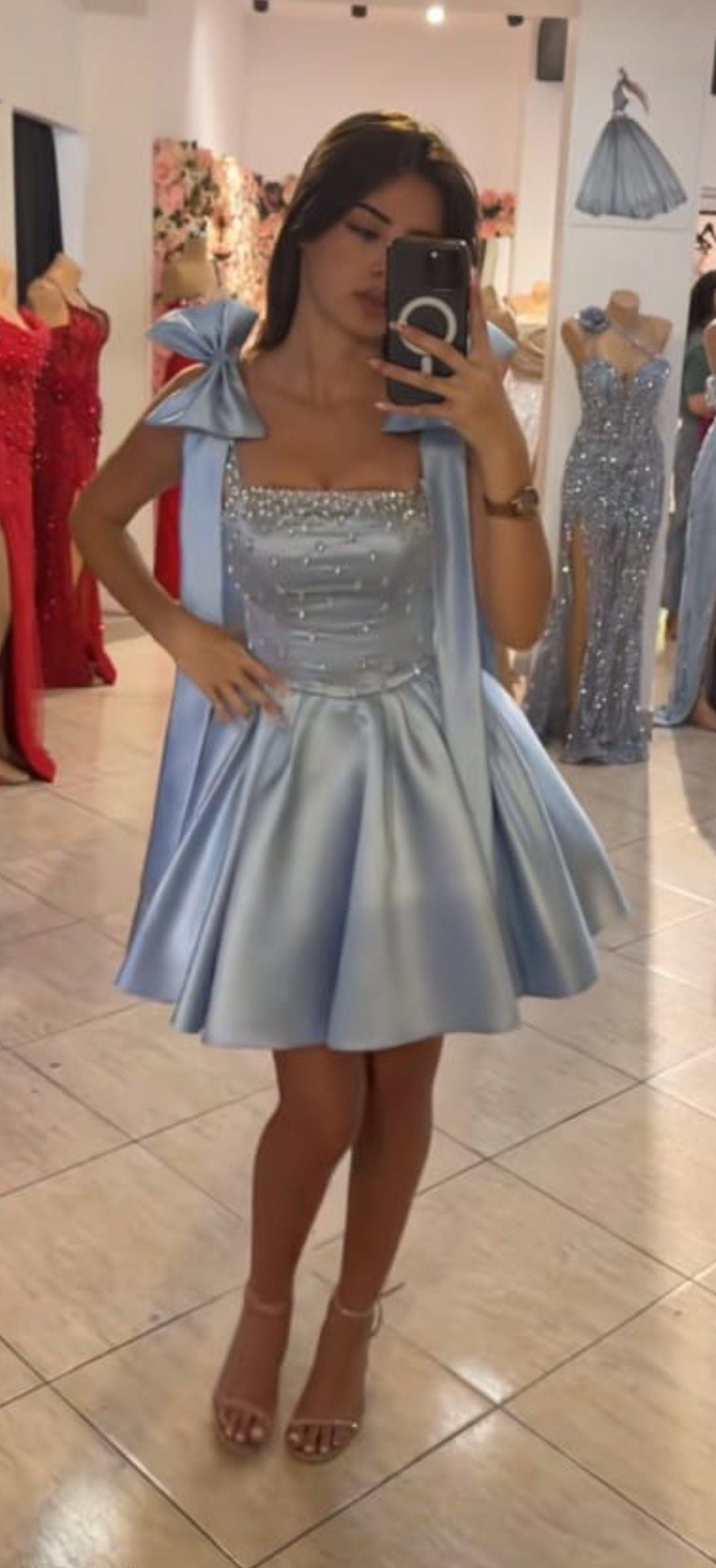 Chic Light Blue Square Neck A Line Homecoming Dress With Bow Straps And Beaded Bodice AS532