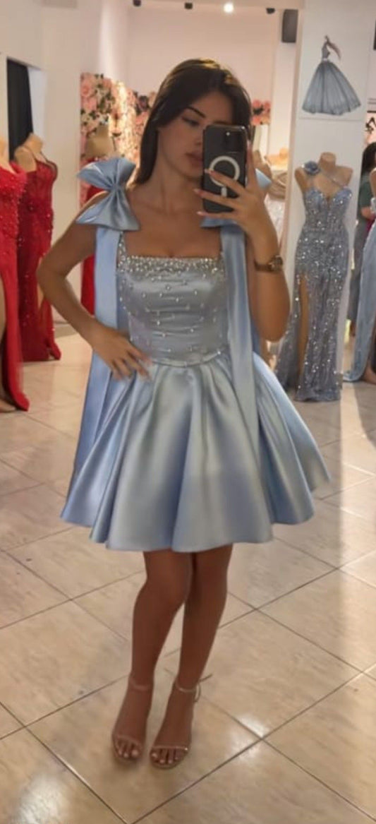 Chic Light Blue Square Neck A Line Homecoming Dress With Bow Straps And Beaded Bodice AS532