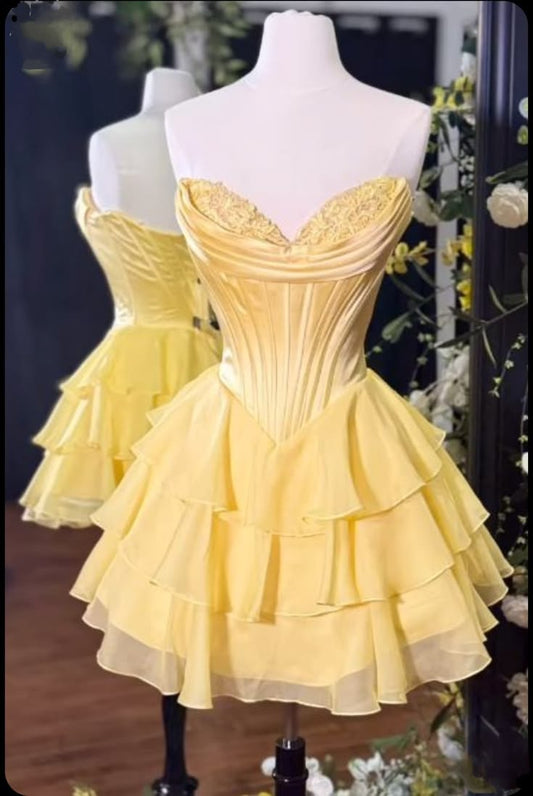 Chic Yellow Sweetheart Neck A Line Short Homecoming Dress With Lace & Satin Corset Bodice And Tiered Ruffled Chiffon Skirt AS536